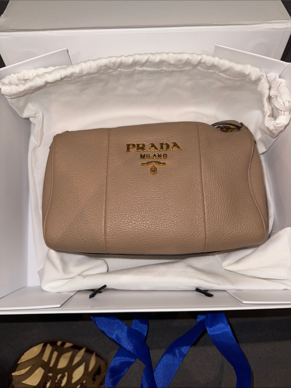 Prada Beige Pebbled Leather Zip Cosmetic Pouch with Gold Logo